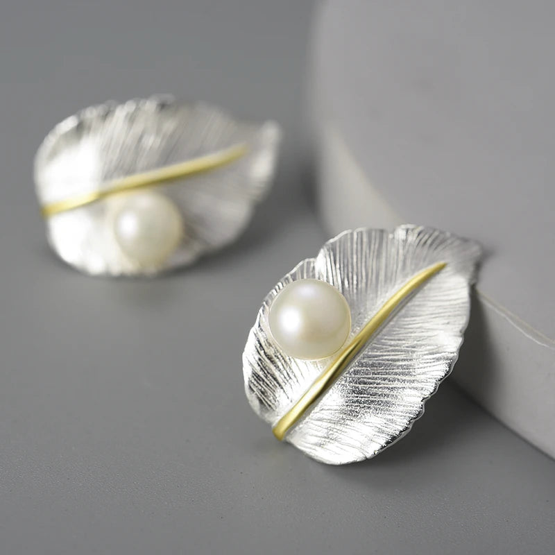 Pearl On A Leaf Stud Earrings