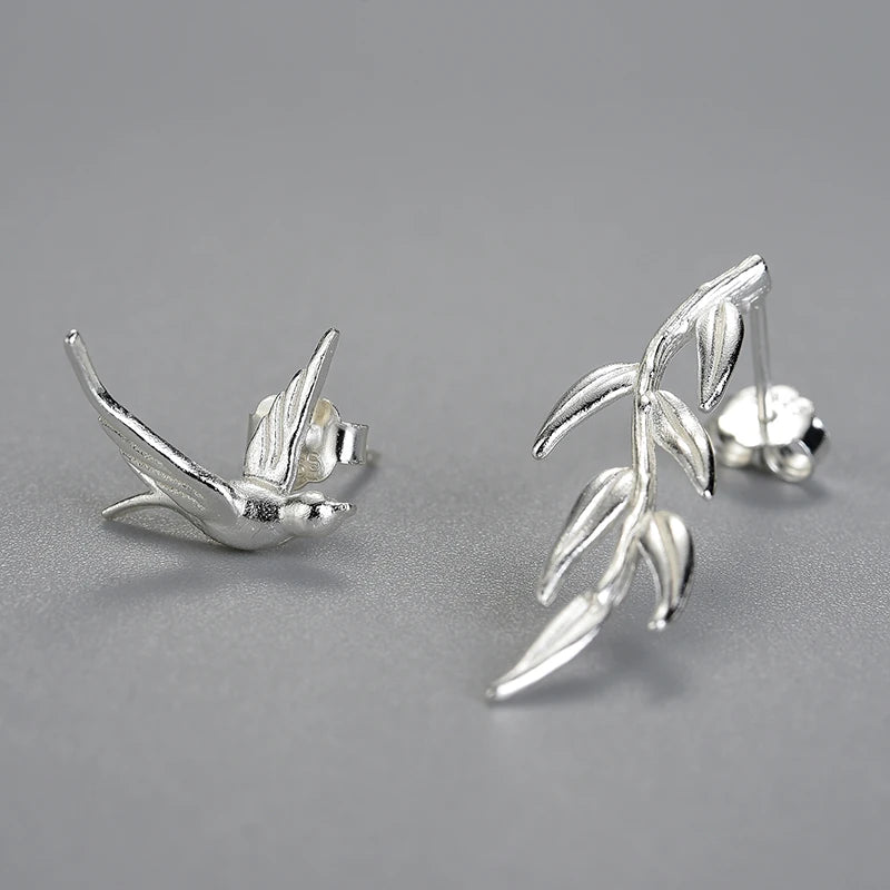 Swallow And Willow Branch Asymmetrical Earrings