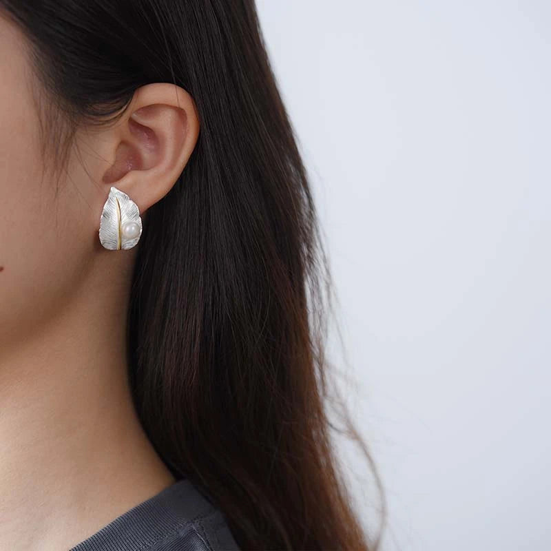 Pearl On A Leaf Stud Earrings