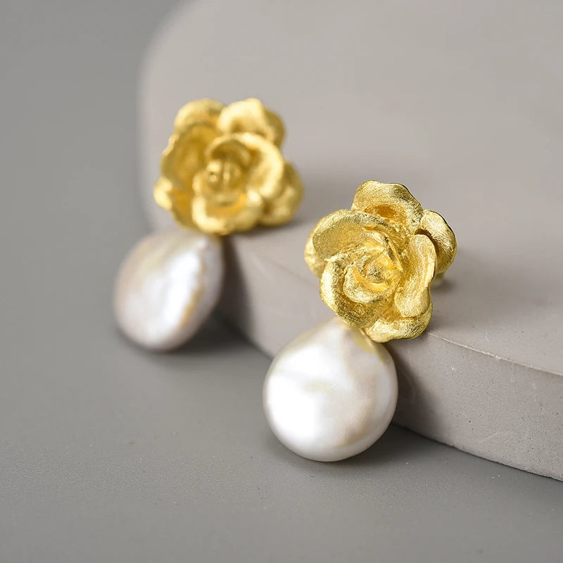 Camellia Flower And Pearl Earrings