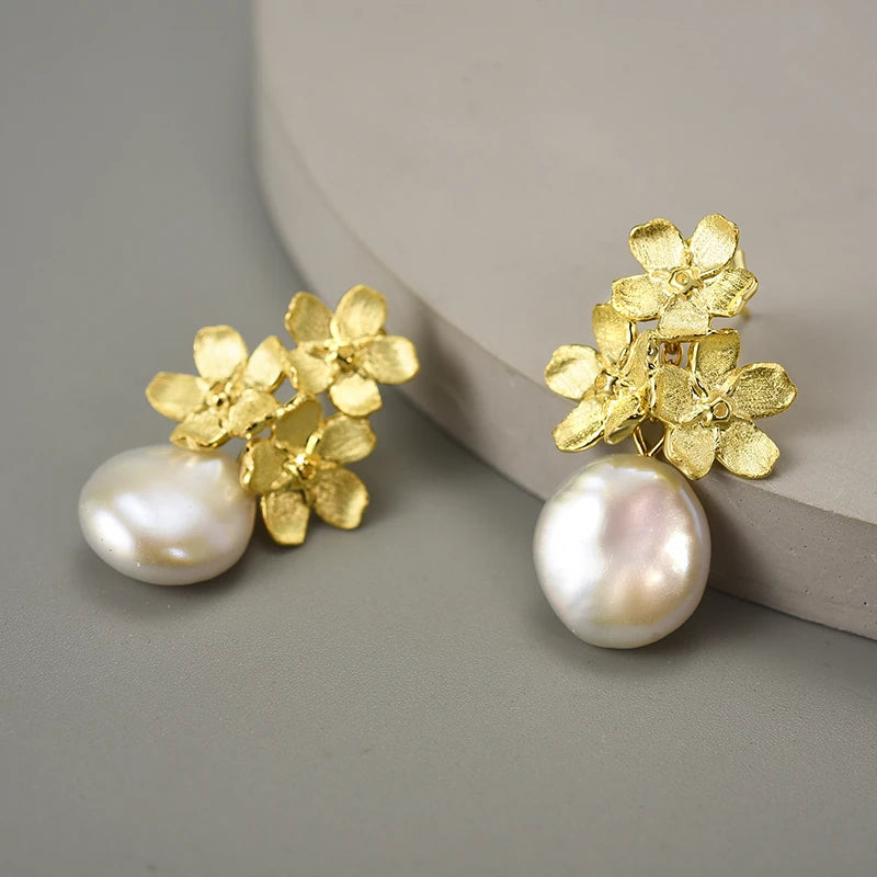 Forget Me Not Blossom And Pearl Dangle Earrings