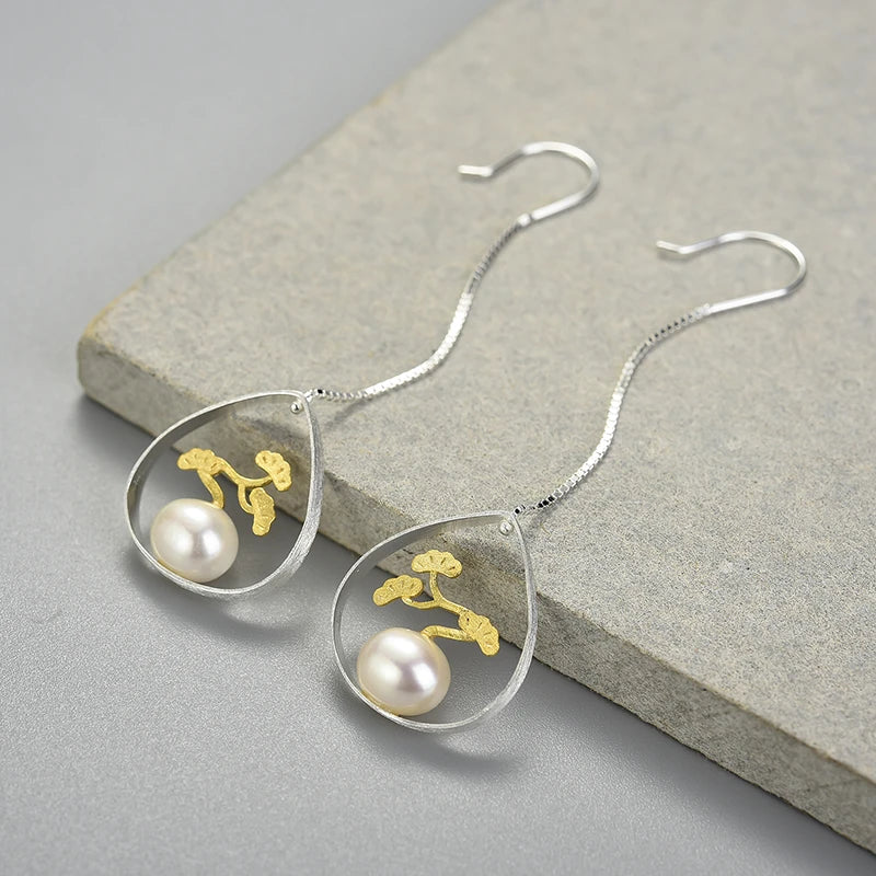 Bonsai Tree And Pearl Dangle Earrings