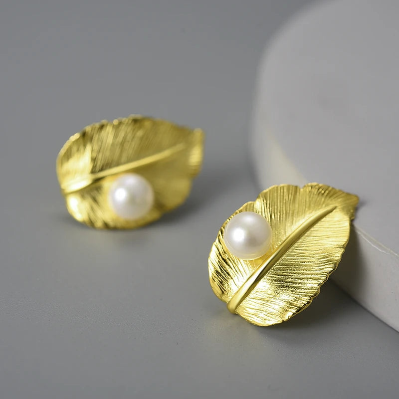 Pearl On A Leaf Stud Earrings