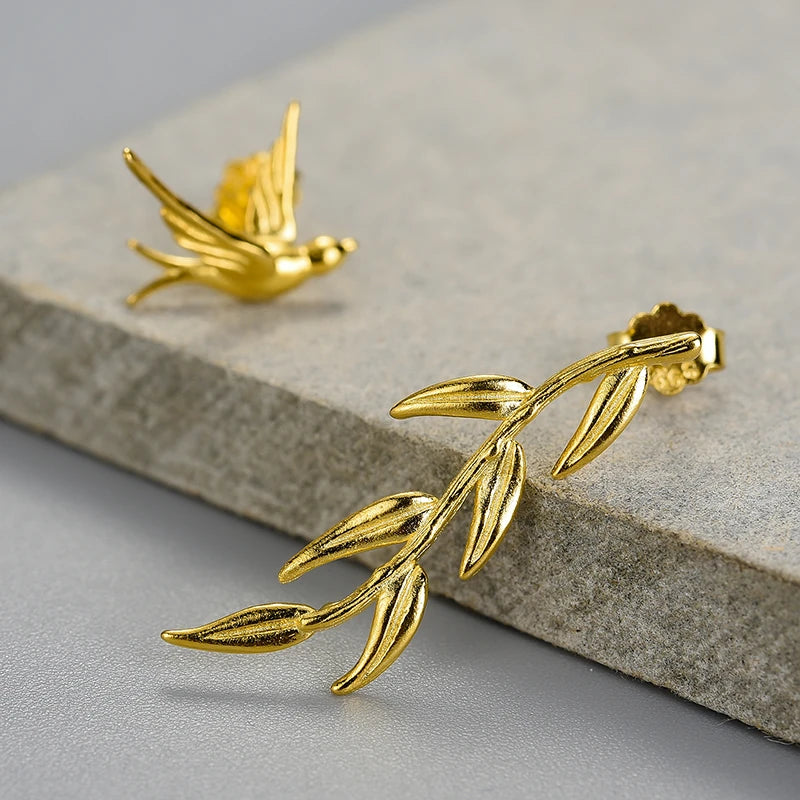 Swallow And Willow Branch Asymmetrical Earrings