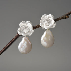 Camellia Flower And Pearl Earrings