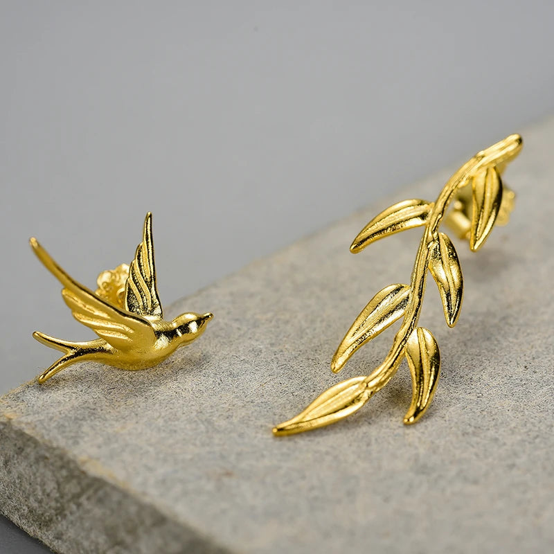 Swallow And Willow Branch Asymmetrical Earrings