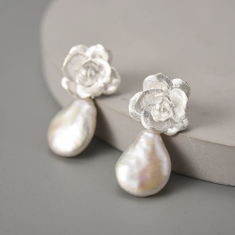 Camellia Flower And Pearl Earrings