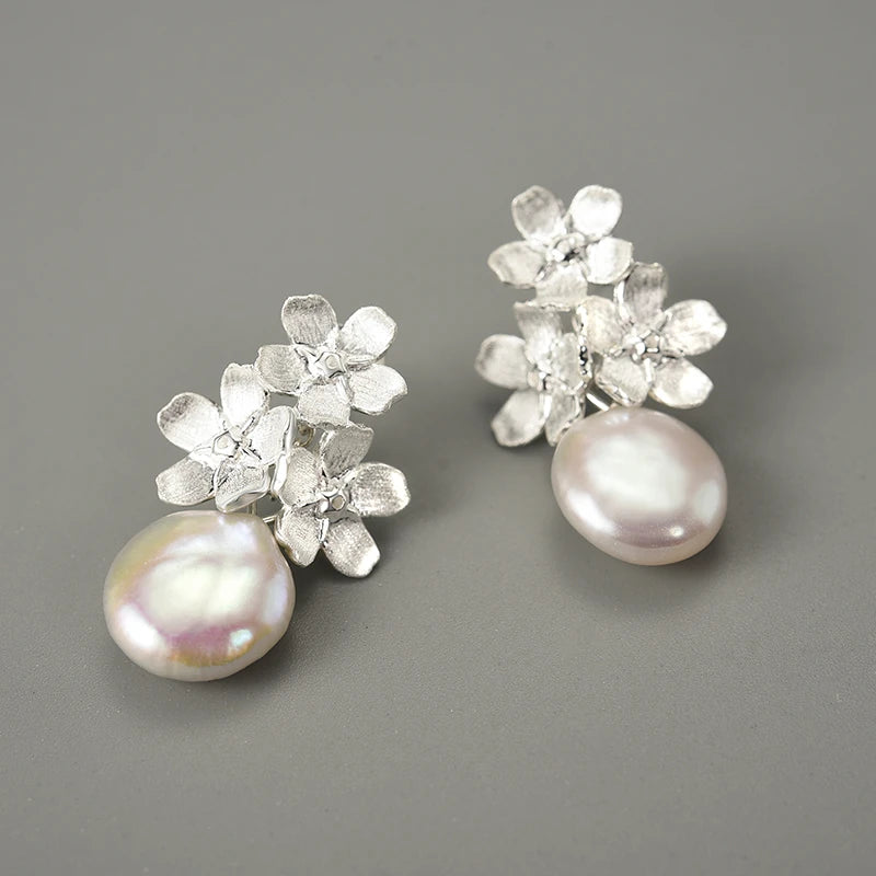 Forget Me Not Blossom And Pearl Dangle Earrings