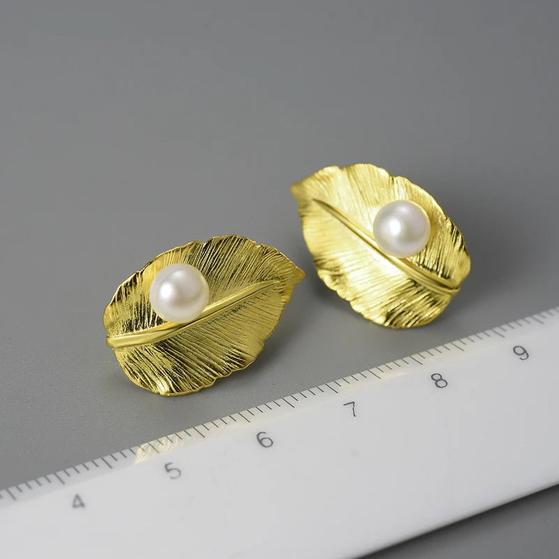 Pearl On A Leaf Stud Earrings