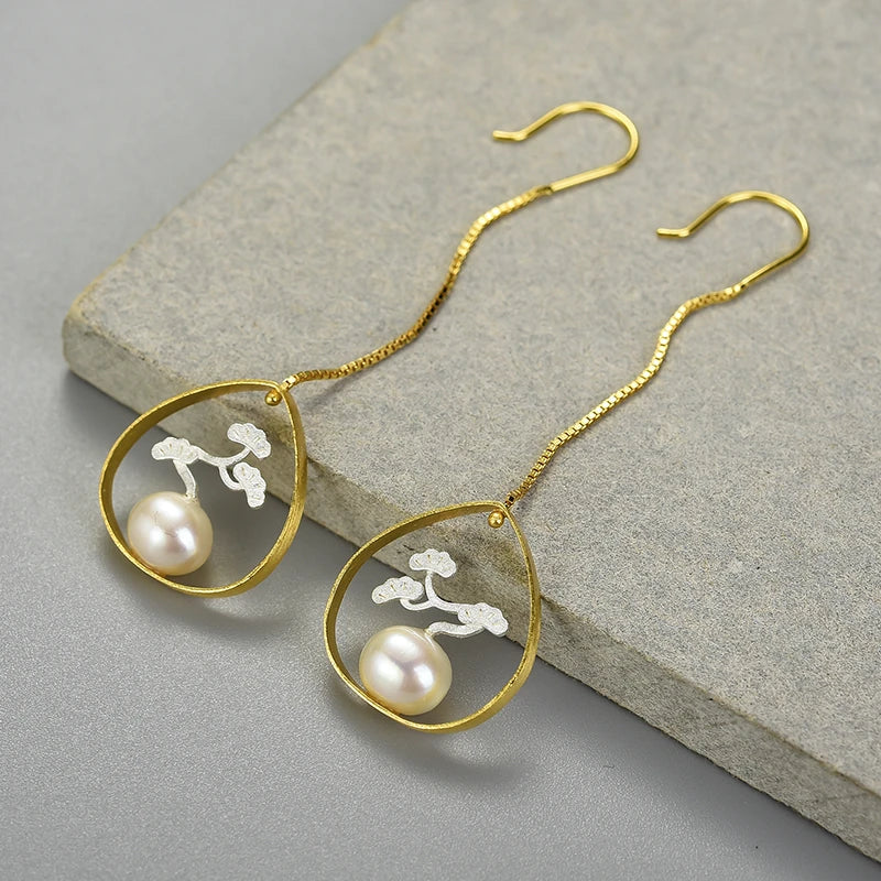 Bonsai Tree And Pearl Dangle Earrings