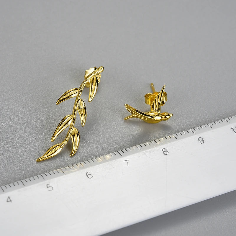 Swallow And Willow Branch Asymmetrical Earrings