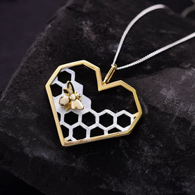 Golden Bee Honeycomb Heart Necklace