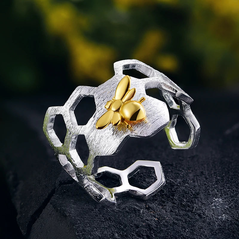 Golden Bee Honeycomb Ring