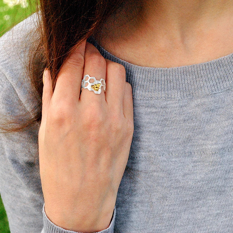 Golden Bee Honeycomb Ring
