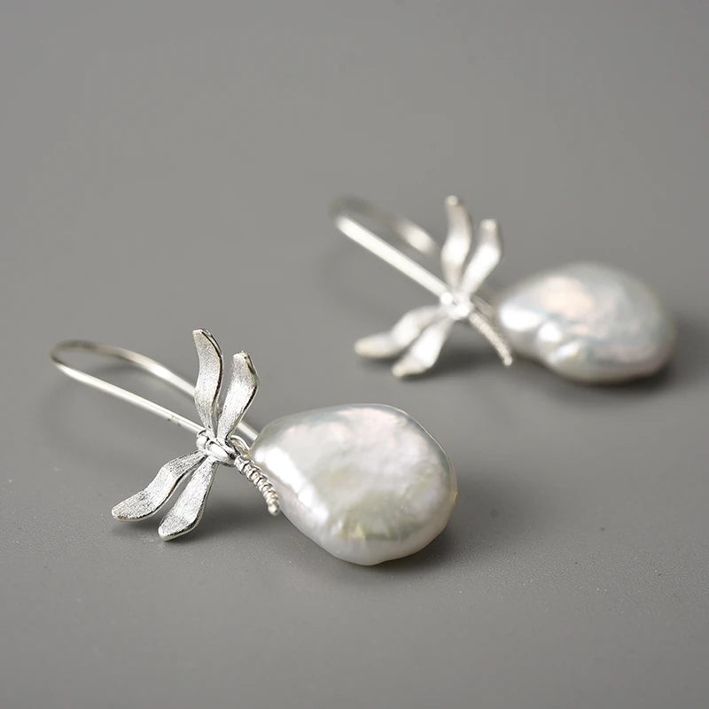 Natural Pearls Resting Dragonfly Earrings
