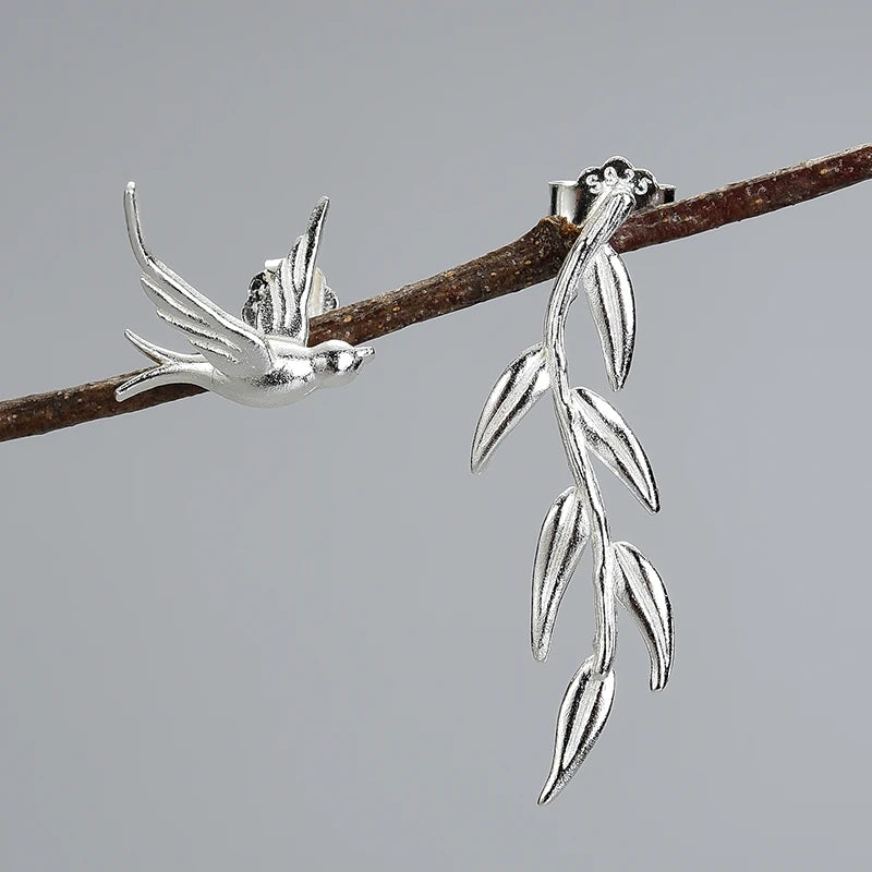 Swallow And Willow Branch Asymmetrical Earrings