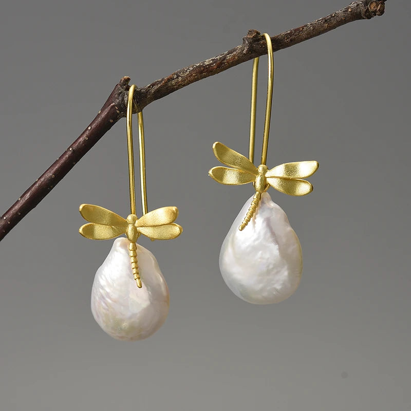 Natural Pearls Resting Dragonfly Earrings