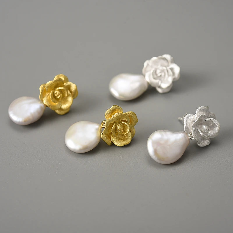 Camellia Flower And Pearl Earrings