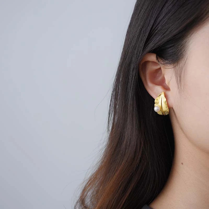 Pearl On A Leaf Stud Earrings