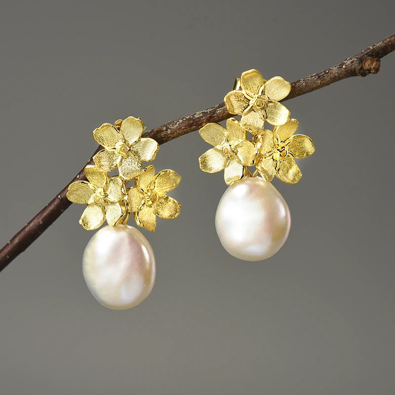 Forget Me Not Blossom And Pearl Dangle Earrings