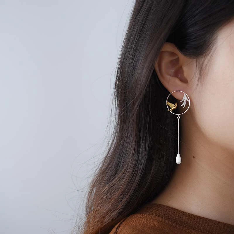 Swallow and Willow in Spring's Wind Drop Earrings