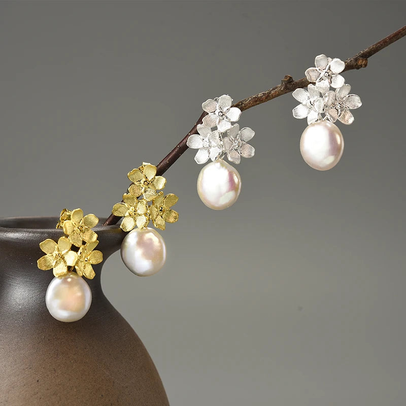 Forget Me Not Blossom And Pearl Dangle Earrings