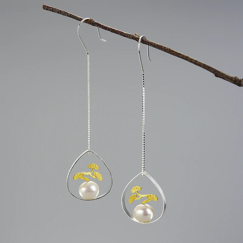 Bonsai Tree And Pearl Dangle Earrings