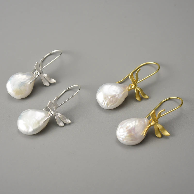 Natural Pearls Resting Dragonfly Earrings