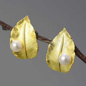 Pearl On A Leaf Stud Earrings
