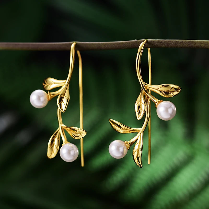 Olive Branch And Pearl Drop Earrings