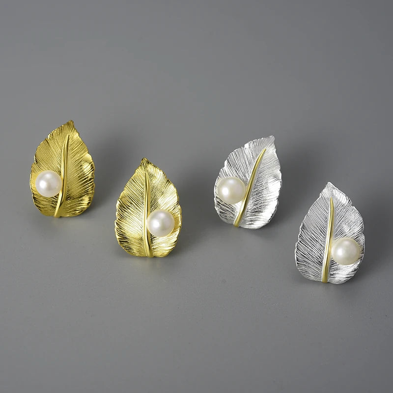 Pearl On A Leaf Stud Earrings