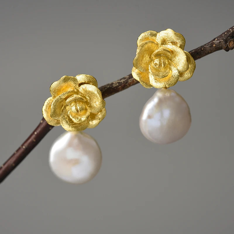 Camellia Flower And Pearl Earrings