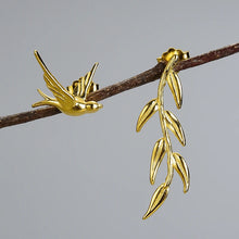 Swallow And Willow Branch Asymmetrical Earrings