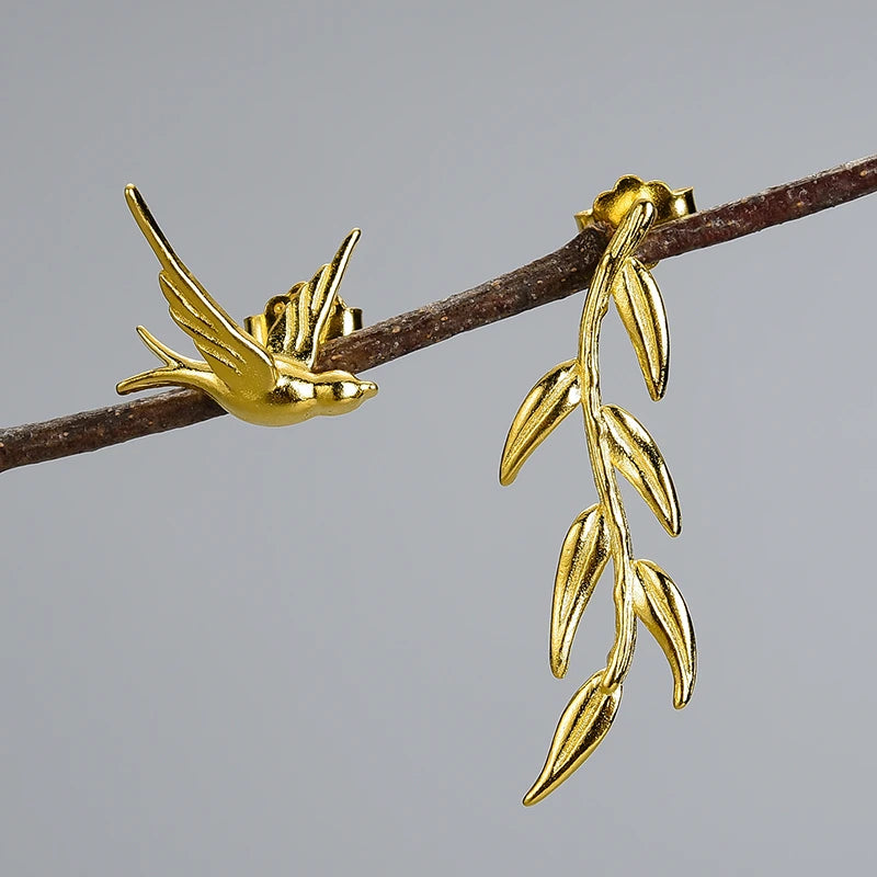 Swallow And Willow Branch Asymmetrical Earrings