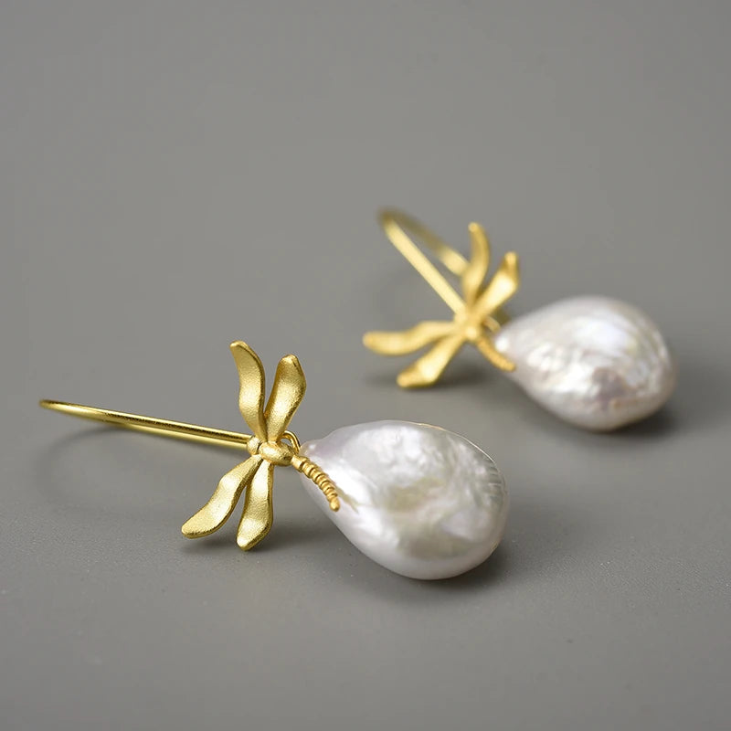 Natural Pearls Resting Dragonfly Earrings