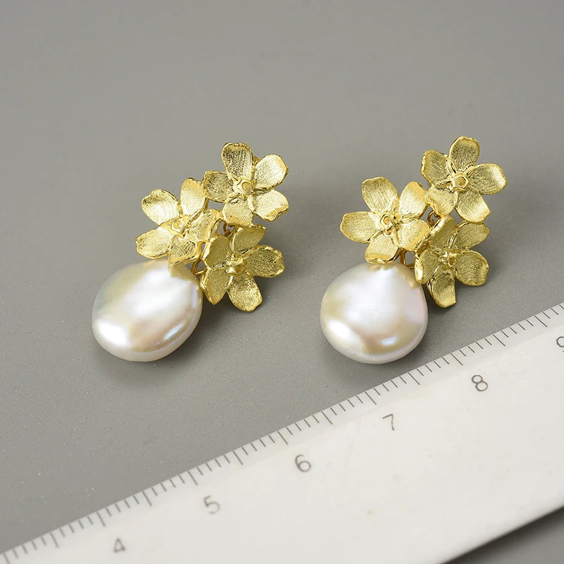 Forget Me Not Blossom And Pearl Dangle Earrings