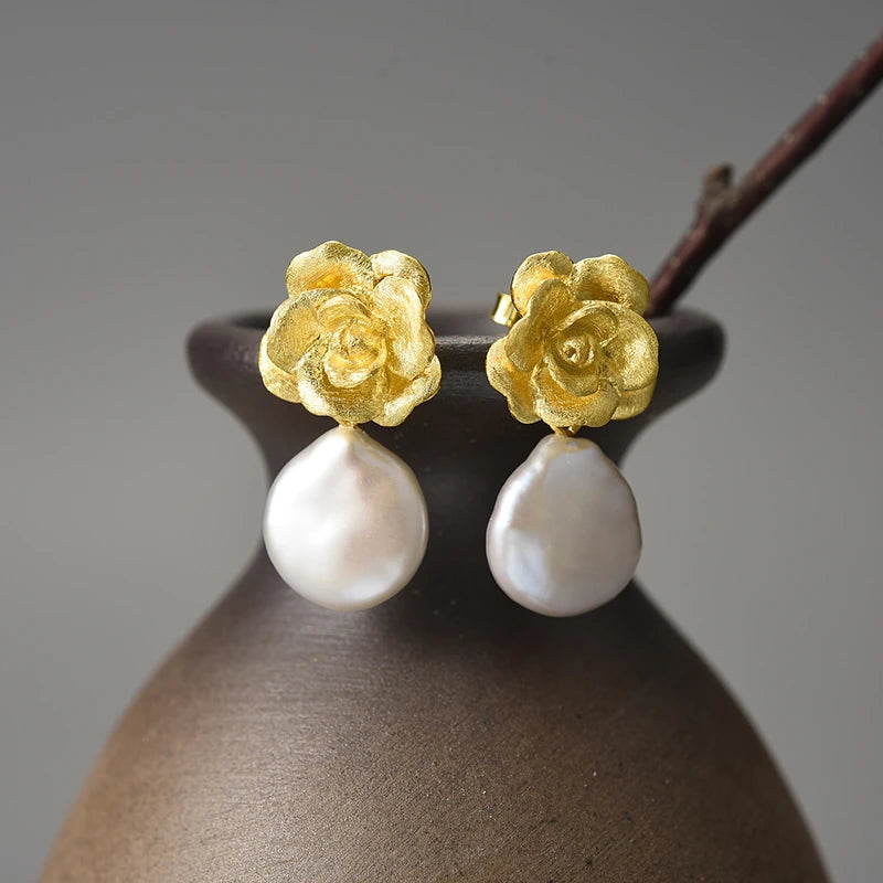 Camellia Flower And Pearl Earrings