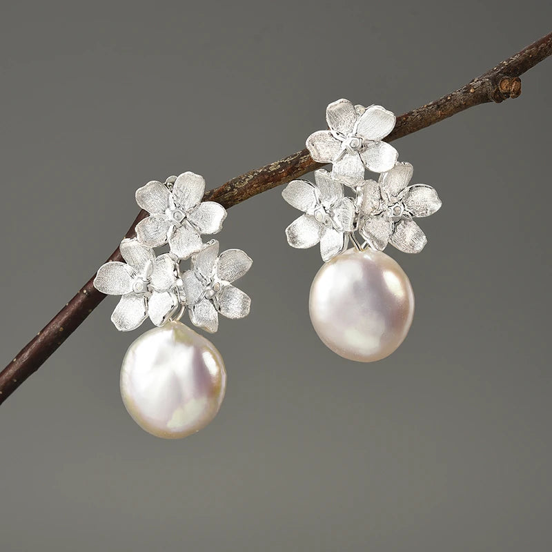 Forget Me Not Blossom And Pearl Dangle Earrings