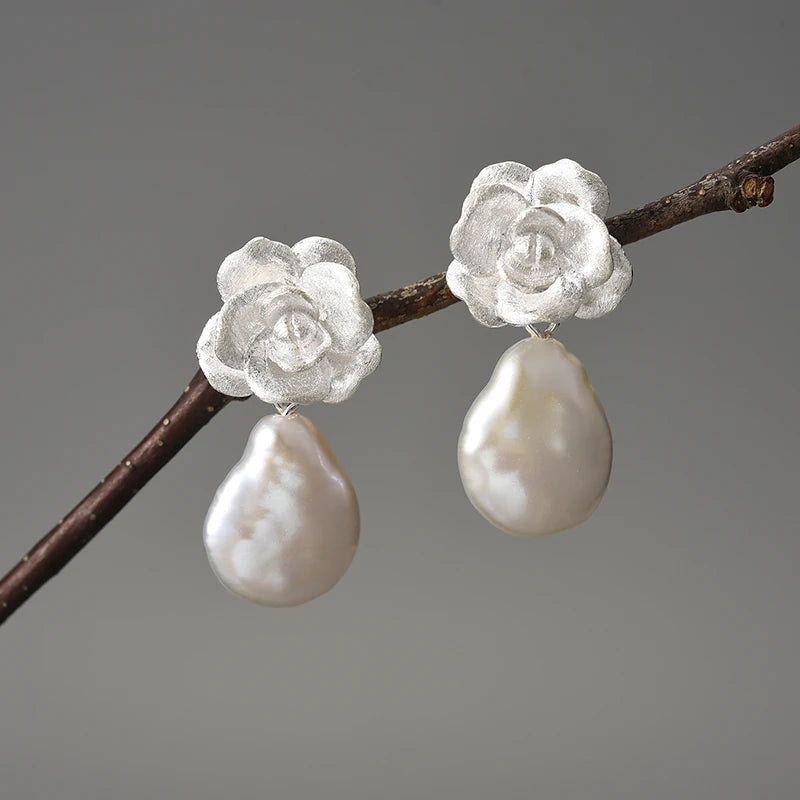Camellia Flower And Pearl Earrings