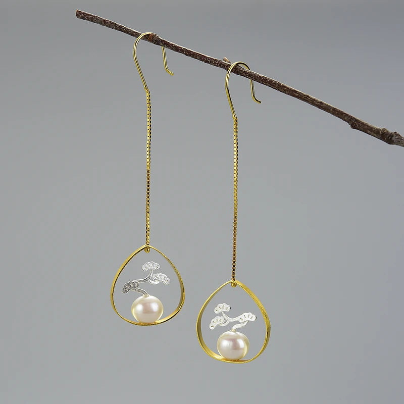 Bonsai Tree And Pearl Dangle Earrings