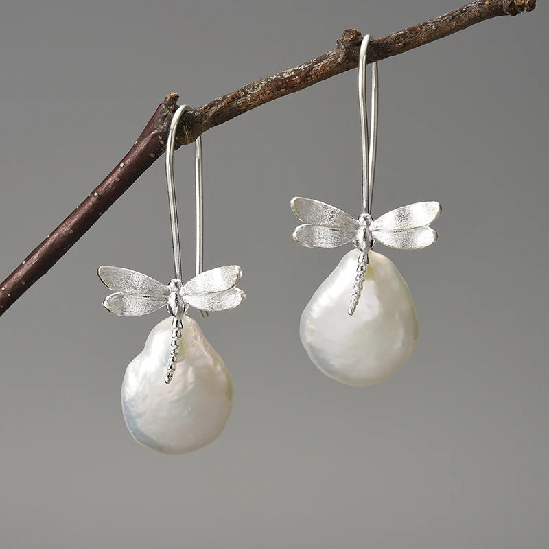 Natural Pearls Resting Dragonfly Earrings