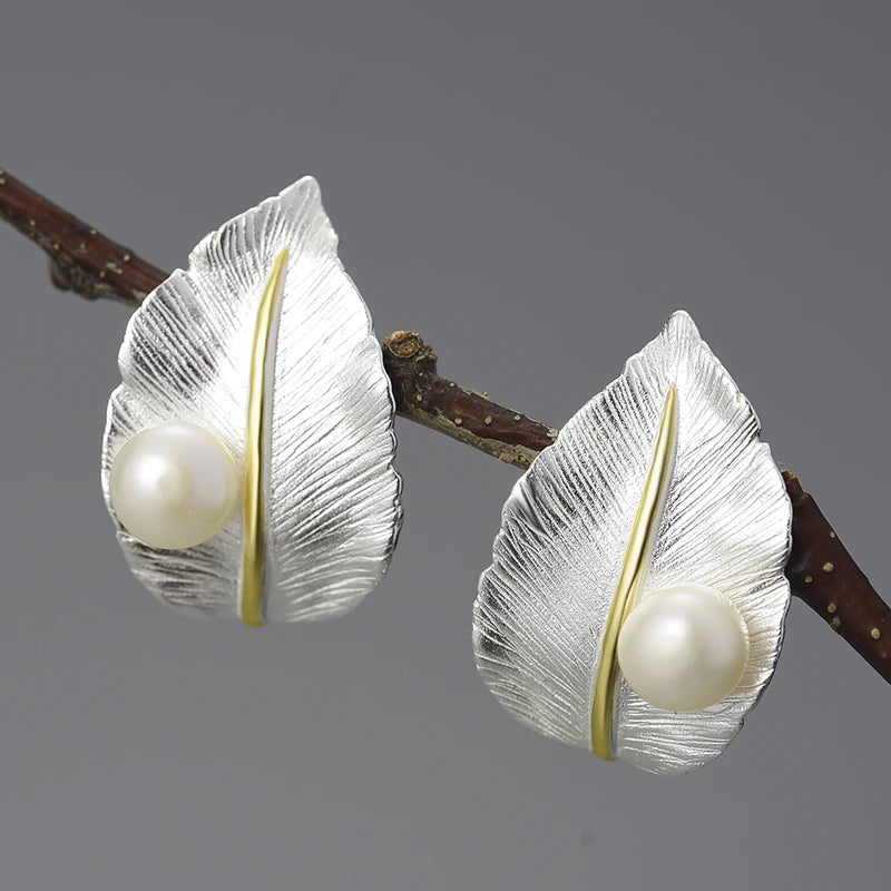 Pearl On A Leaf Stud Earrings