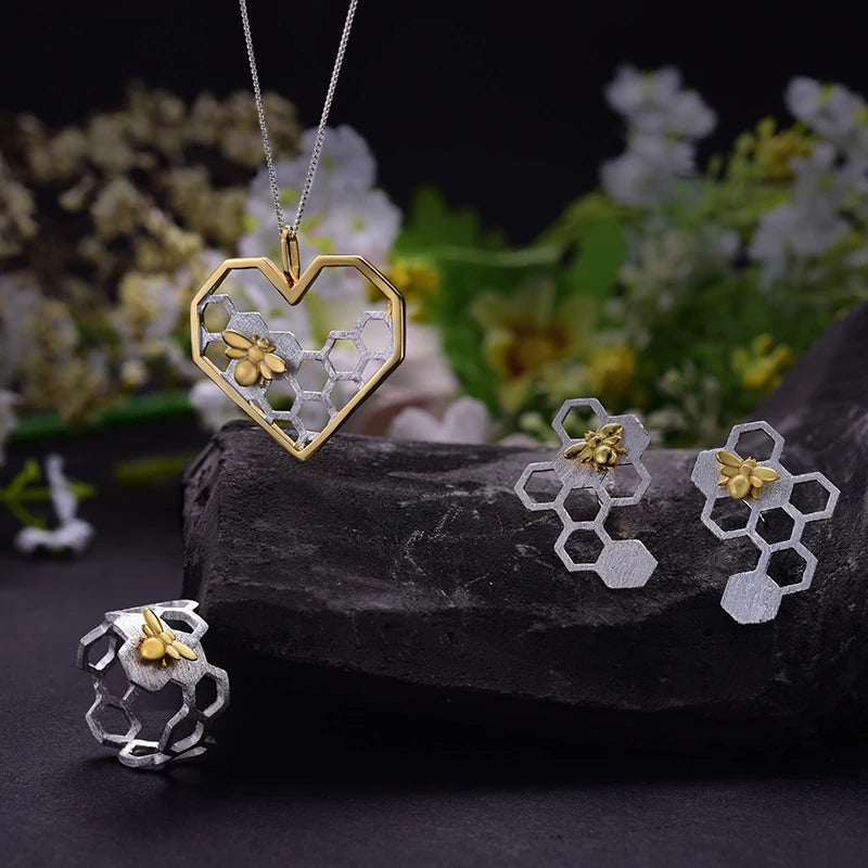 Golden Bee Honeycomb Heart Necklace
