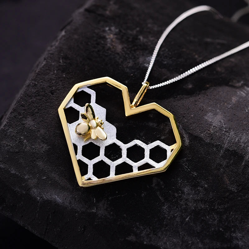 Golden Bee Honeycomb Heart Necklace