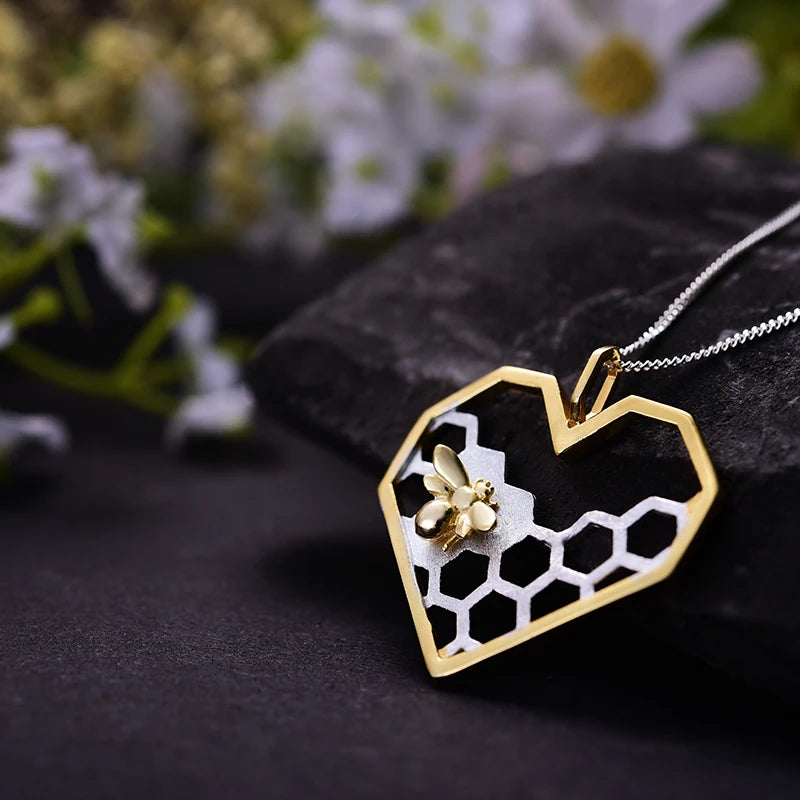 Golden Bee Honeycomb Heart Necklace