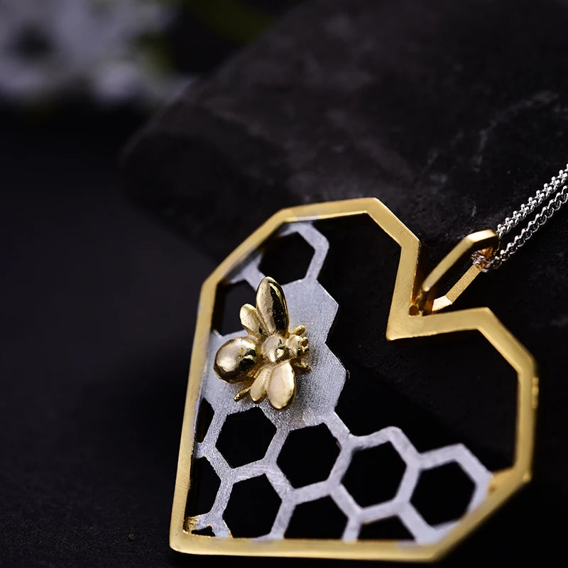 Golden Bee Honeycomb Heart Necklace