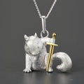 Silver squirrel pendant with a gold sword on a grey  background