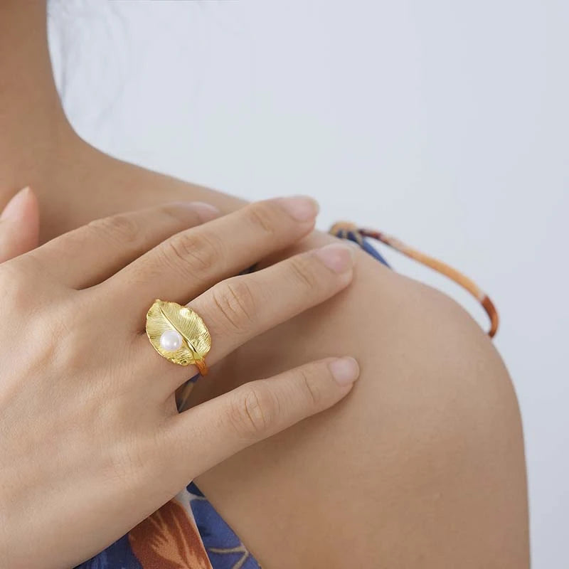 Pearl On A Leaf Ring
