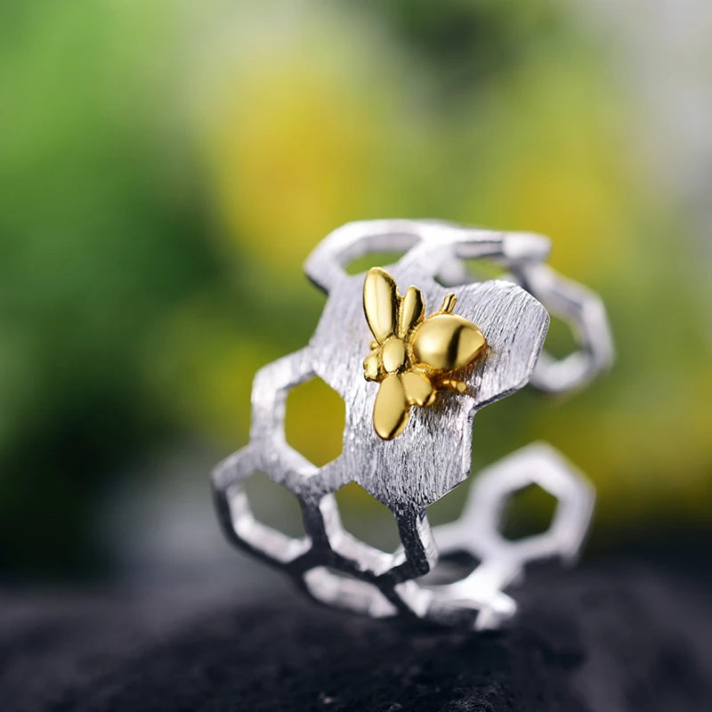 Golden Bee Honeycomb Ring