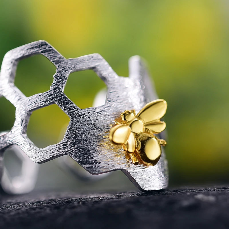 Golden Bee Honeycomb Ring